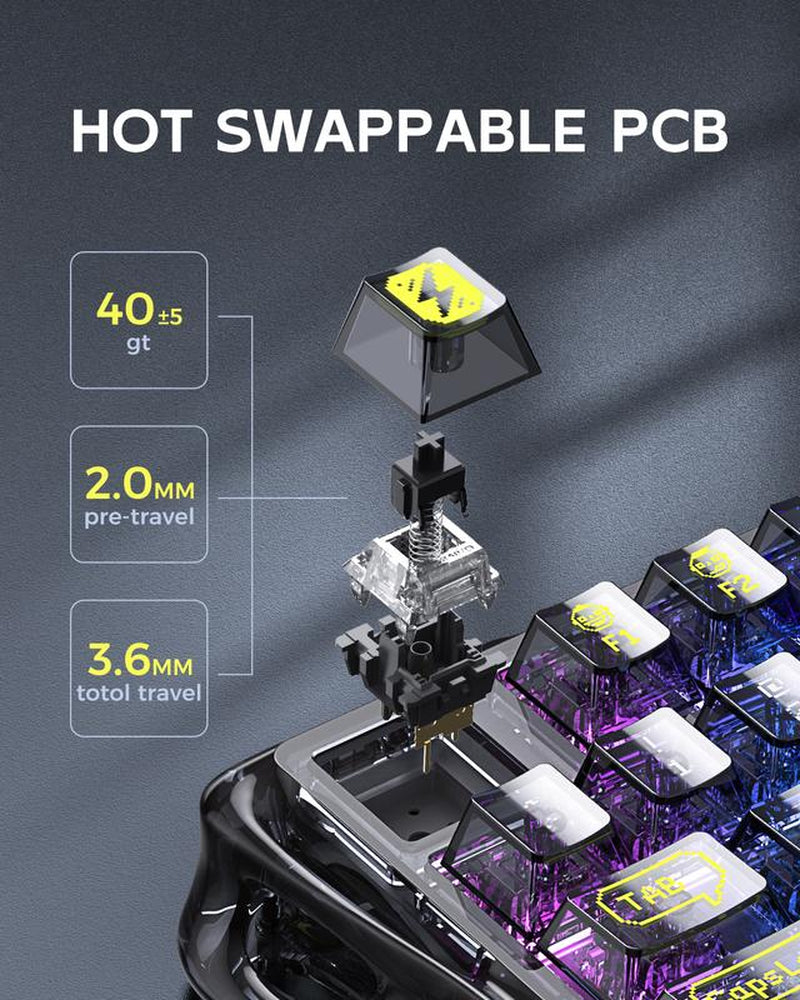 Gravastar Mercury K1 Lite Mechanical Gaming Keyboard 75% Gasket Hot Swappable with Pre-Lubed Linear Switches, RGB Backlit, Transparent Black