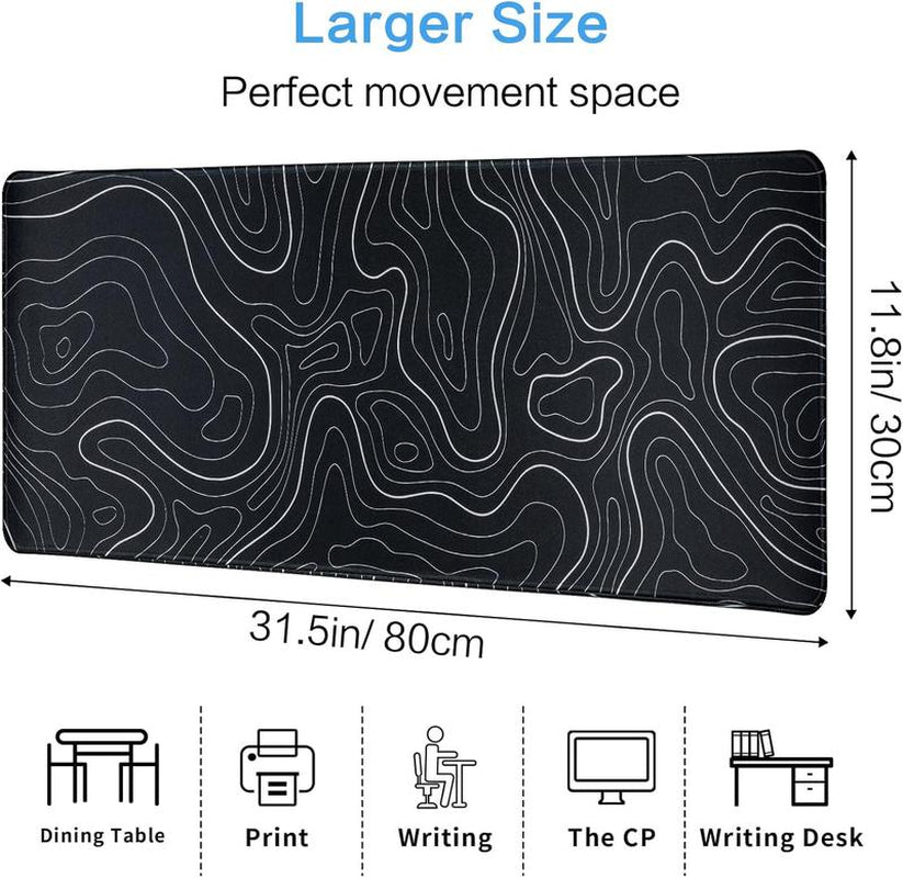 Large Mouse Pad Gaming Mousepad 31.5 X 11.8In Large Mouse Pad for Keyboard and Mouse with Anti-Slip Rubber Base, Keyboard Pad XL Mouse Mat for Home and Office - Black with White Topographic Line