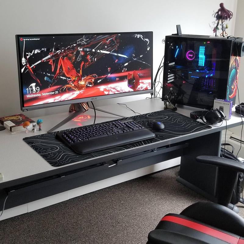 Large Mouse Pad Gaming Mousepad 31.5 X 11.8In Large Mouse Pad for Keyboard and Mouse with Anti-Slip Rubber Base, Keyboard Pad XL Mouse Mat for Home and Office - Black with White Topographic Line