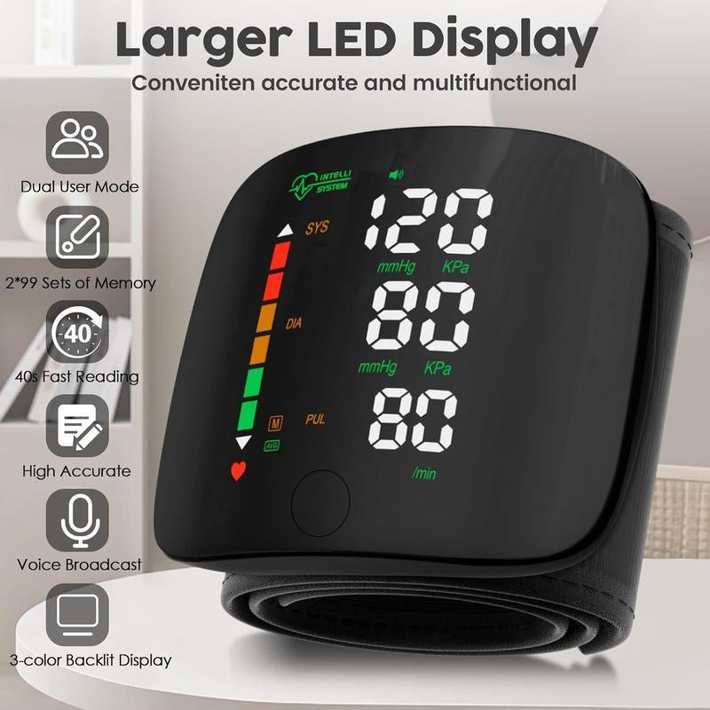 Wrist Blood Pressure Monitor Led Display, Touch Screen Wrist Blood Pressure Cuff 99X2 Reading Memory Wrist Bp Monitor with Carrying Case(Black) Health Monitoring Adjustable Healthcare Kit Portable