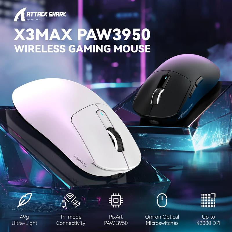 ATTACK SHARK X3MAX PAW3950 Wireless Gaming Mouse 49G SUPERLIGHT Mouse, Pixart PAW3950 Gaming Sensor, 6 Adjustable DPI up to 42000, Bluetooth/2.4G Wireless/Wired