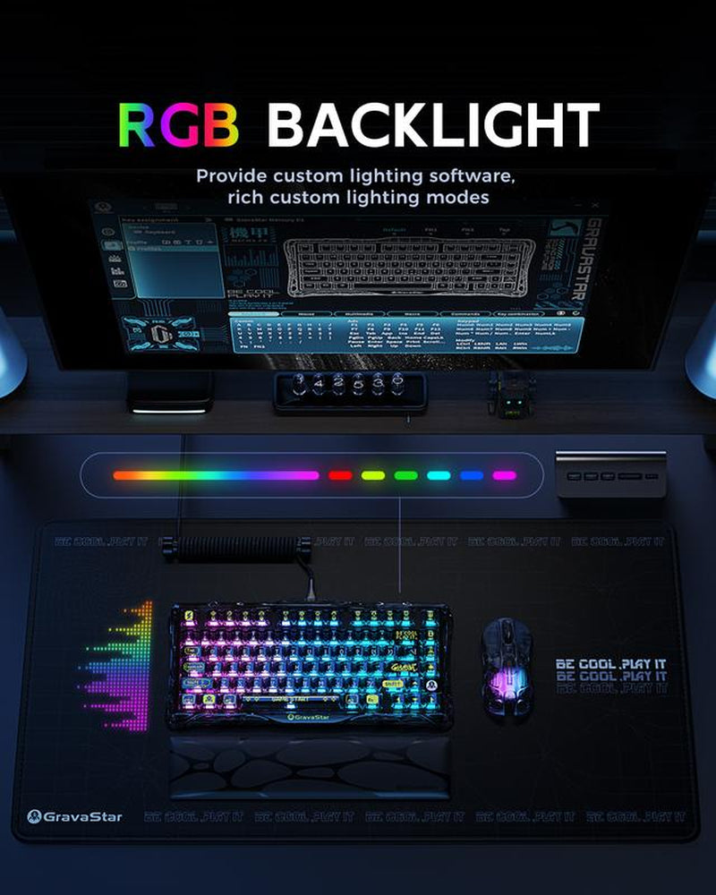 Gravastar Mercury K1 Lite Mechanical Gaming Keyboard 75% Gasket Hot Swappable with Pre-Lubed Linear Switches, RGB Backlit, Transparent Black