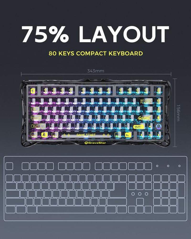 Gravastar Mercury K1 Lite Mechanical Gaming Keyboard 75% Gasket Hot Swappable with Pre-Lubed Linear Switches, RGB Backlit, Transparent Black