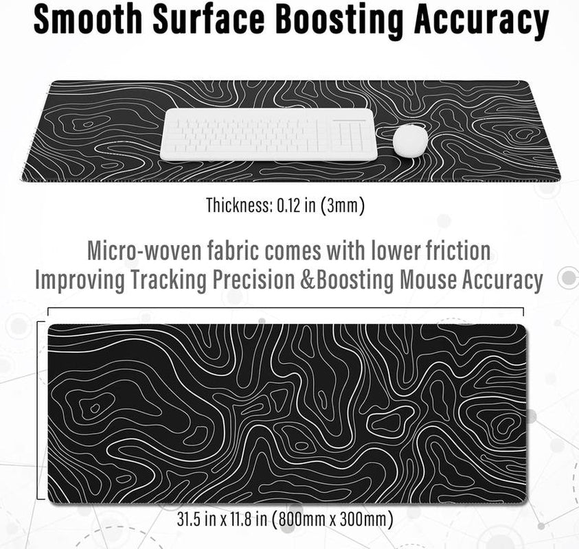 Large Mouse Pad Gaming Mousepad 31.5 X 11.8In Large Mouse Pad for Keyboard and Mouse with Anti-Slip Rubber Base, Keyboard Pad XL Mouse Mat for Home and Office - Black with White Topographic Line