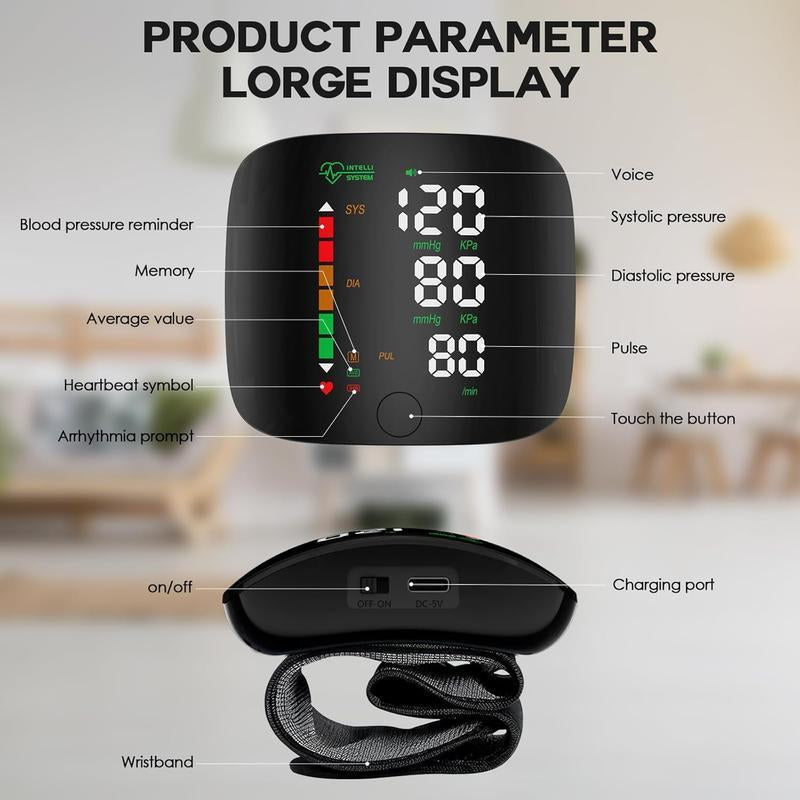 Wrist Blood Pressure Monitor Led Display, Touch Screen Wrist Blood Pressure Cuff 99X2 Reading Memory Wrist Bp Monitor with Carrying Case(Black) Health Monitoring Adjustable Healthcare Kit Portable