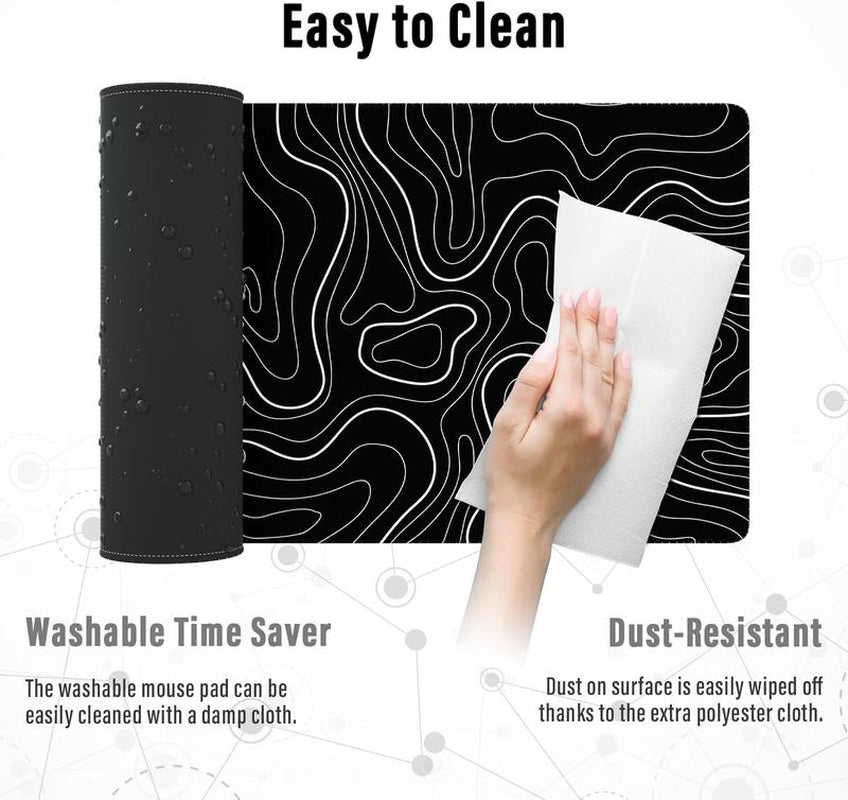 Large Mouse Pad Gaming Mousepad 31.5 X 11.8In Large Mouse Pad for Keyboard and Mouse with Anti-Slip Rubber Base, Keyboard Pad XL Mouse Mat for Home and Office - Black with White Topographic Line