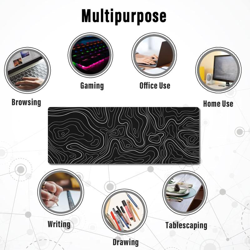 Large Mouse Pad Gaming Mousepad 31.5 X 11.8In Large Mouse Pad for Keyboard and Mouse with Anti-Slip Rubber Base, Keyboard Pad XL Mouse Mat for Home and Office - Black with White Topographic Line