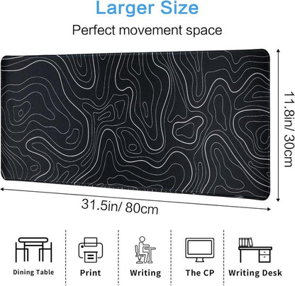 Large Mouse Pad Gaming Mousepad 31.5 X 11.8In Large Mouse Pad for Keyboard and Mouse with Anti-Slip Rubber Base, Keyboard Pad XL Mouse Mat for Home and Office - Black with White Topographic Line