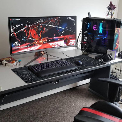 Large Mouse Pad Gaming Mousepad 31.5 X 11.8In Large Mouse Pad for Keyboard and Mouse with Anti-Slip Rubber Base, Keyboard Pad XL Mouse Mat for Home and Office - Black with White Topographic Line