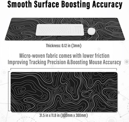 Large Mouse Pad Gaming Mousepad 31.5 X 11.8In Large Mouse Pad for Keyboard and Mouse with Anti-Slip Rubber Base, Keyboard Pad XL Mouse Mat for Home and Office - Black with White Topographic Line